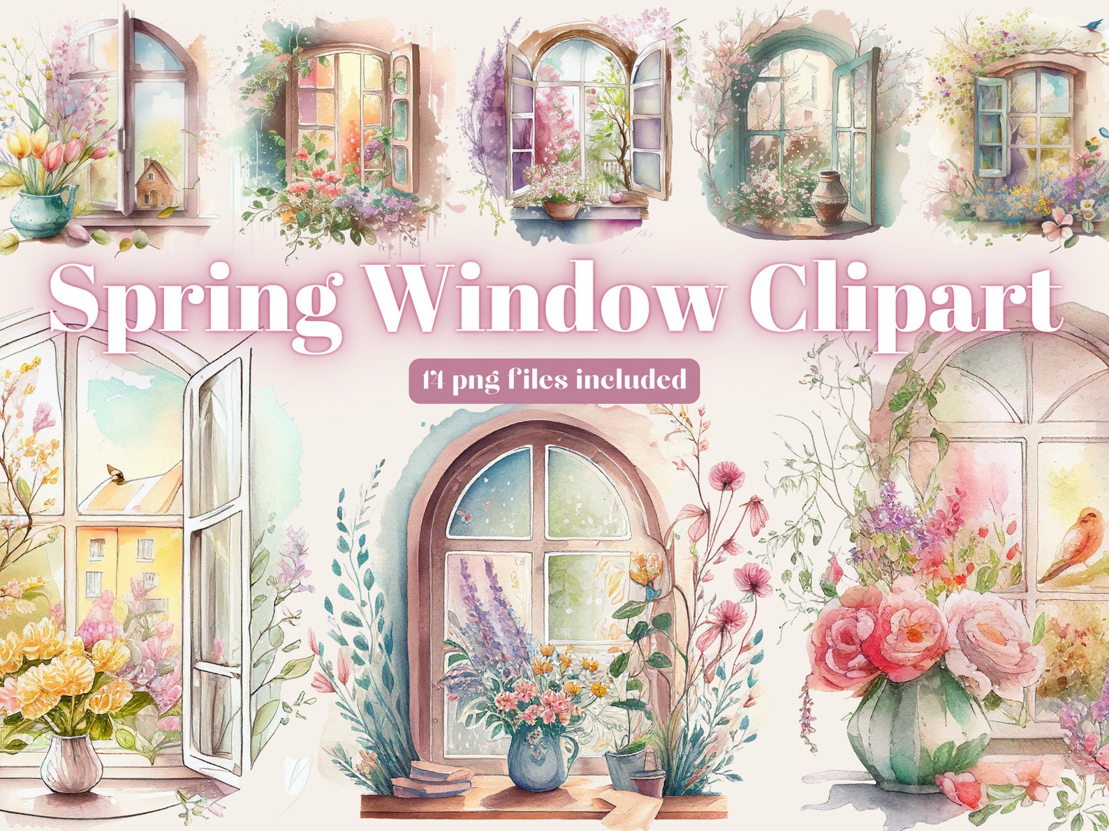 Cute Watercolor Spring Windows With Flowers Scenes Commercial - Etsy