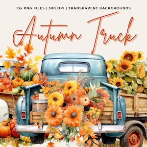 Watercolor Vintage Truck With Pumpkins Clipart, Fall PNG For Commercial Use POD, Autumn Clipart For Sublimation Junk Journals & Scrapbooking