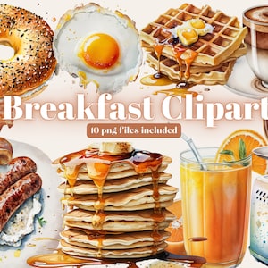 Clipart de desayuno de acuarela - Descarga de la mañana - Descarga instantánea - Tostadas - Café - Té - Gofres - Tocino - Muffin