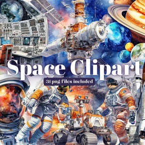 Clipart de aquarela de astronauta e espaço, clipart de planetas em aquarela, download do sistema solar, download instantâneo, gráficos de planetas em aquarela