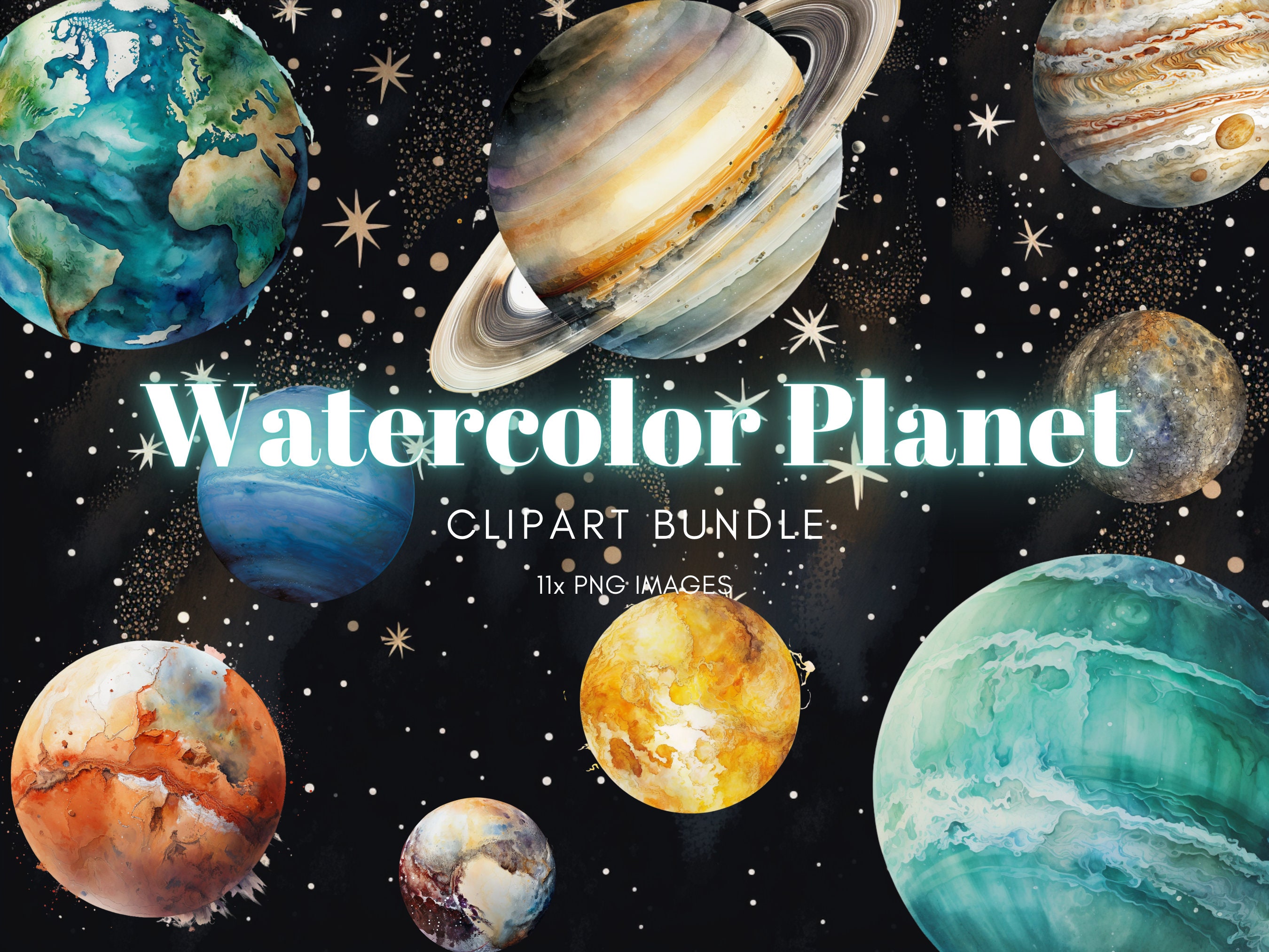 Set Watercolor Colorful Planets Isolated White Background