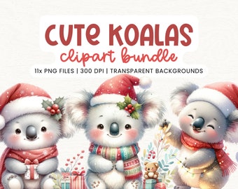 Bundle de cliparts aquarelle Noël Koala - bonnet de Noel, koala de Noël, Noël australien, usage commercial, téléchargement numérique, journal indésirable