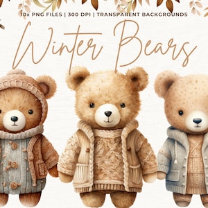 Watercolor Christmas Bear Clipart Bundle, Cozy Christmas Clipart, Boho Christmas PNG, Pastel Christmas Clipart, Retro Christmas Png, Winter