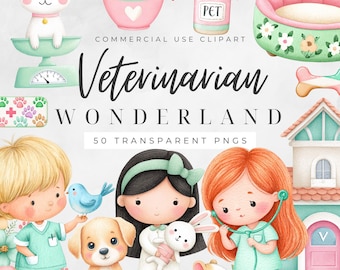 Veterinarian Clipart Bundle, Cute Vet Kids PNG, Pet Clinic Graphics, Veterinary Animals Clipart, Commercial Use PNG
