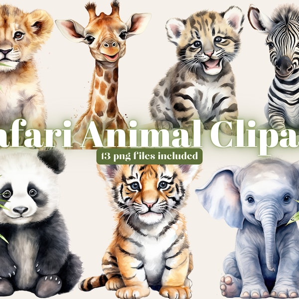 Safari Animals Clipart Watercolor, Clipart for commercial use, Transparent PNGs, Nursery Clipart, Giraffe, Elephant, Lion, Zebra, Hippo