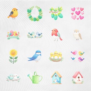 May include: A collection of watercolor illustrations featuring various birds, floral elements, and hearts. The images include a yellow and orange bird, a green wreath, and a blue birdhouse with a red roof.