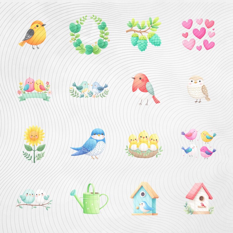 May include: A collection of watercolor illustrations featuring various birds, floral elements, and hearts. The images include a yellow and orange bird, a green wreath, and a blue birdhouse with a red roof.