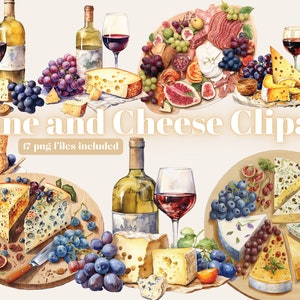 Wine and Cheese Clipart, Wine PNG, Food Clipart, Cheese PNG, Watercolor Wine Bottle Clipart, Commercial License