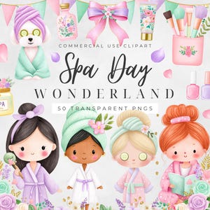 以下が含まれることがあります： 「Spa Day Wonderland」のテキストが入ったデジタルイラスト。スパをテーマにした要素が特徴です。バスローブを着た漫画のキャラクター、スパ製品、キュウリのアイパッドをつけた犬が含まれています。画像はソフトなパステルカラーです。