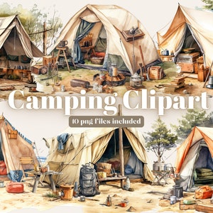 Summer Camping Watercolor Clipart Bundle, Transparent PNG, travel vacation clipart, Instant Download, Scrapbook, Junk Journal,Commercial Use