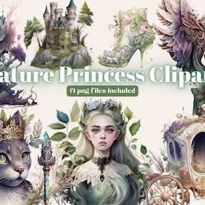 14 Pack princesse de la nature | PNG | Beau conte de fées Clip Art | Aquarelle | Téléchargement instantané, imprimable avec utilisation commerciale complète