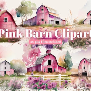 Farmhouse Clipart, Pink Cottage Barn Clipart, Cottagecore Clip Art Bundle, Summer Clipart, Instant Digital Download