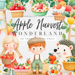 May include: A watercolour illustration with the text "Apple Harvest Wonderland" featuring a girl and boy holding baskets of apples, a hedgehog, and a bird. The image includes a pie, a basket of apples, and the text "50 Transparent PNGs".