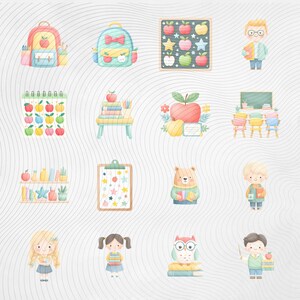 May include: Watercolor illustrations of school-themed items and characters. Includes backpacks, a chalkboard with apples, a notepad, a clipboard, a bear, an owl, and children holding books. The color palette is soft and pastel.