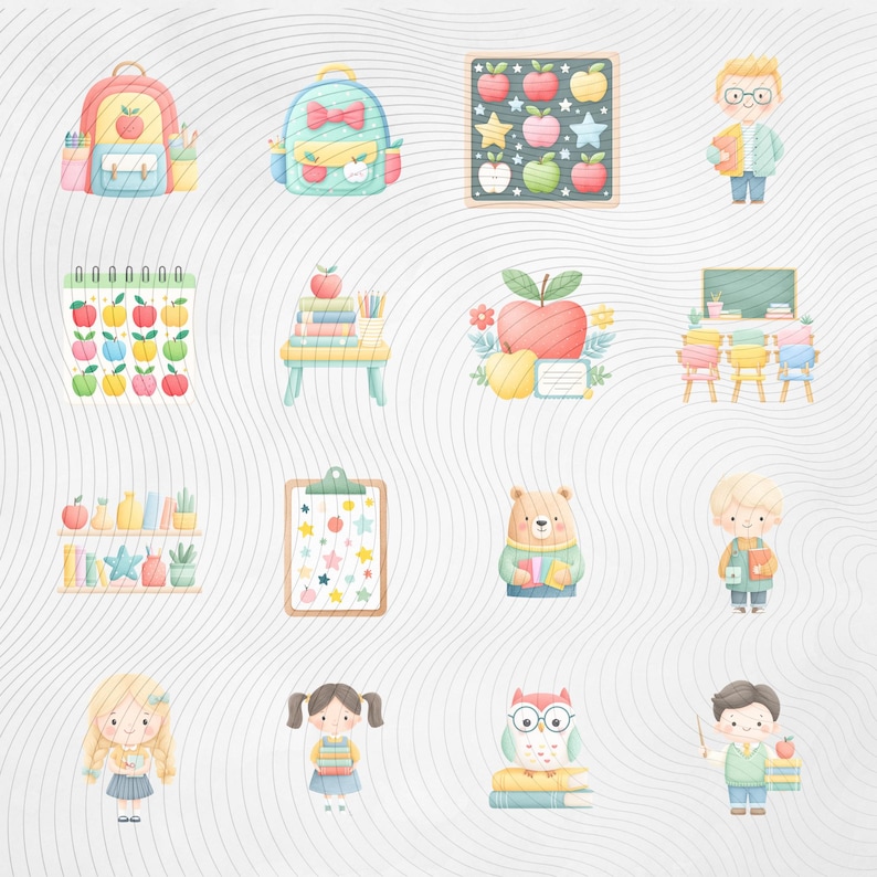 May include: Watercolor illustrations of school-themed items and characters. Includes backpacks, a chalkboard with apples, a notepad, a clipboard, a bear, an owl, and children holding books. The color palette is soft and pastel.