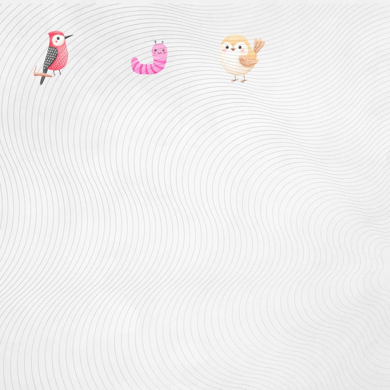 May include: Watercolor illustration of three cartoon characters: a red and black woodpecker perched on a branch, a pink worm, and a tan bird. The background is a white wavy pattern.
