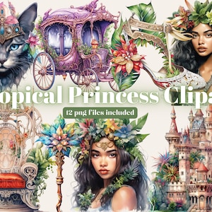 Tropical Princess Watercolor Clipart, Princess Clipart PNG, Forest elf Girl, Fantasy art Clipart, Paper craft - Junk Journal, Scrapbooking