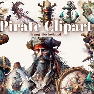 Watercolor Pirates Clipart - Buccaneers Download - Instant Download - Scalleywags - Pirate Ship - Blackbeard - Cutlass - Pirate Flag