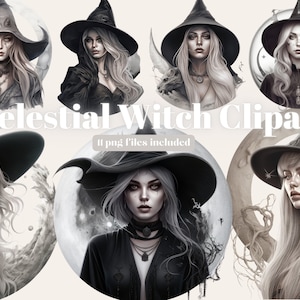 Witch Watercolor Clipart, Witch Black style, Magical clipart, Witchcraft Bundle PNG, Mystical clipart, Celestial witch, Instant Download
