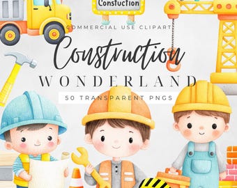 Construction Clipart PNG, Builder Graphics Commercial Use, 50 Vehicle Illustrations, Digital Download