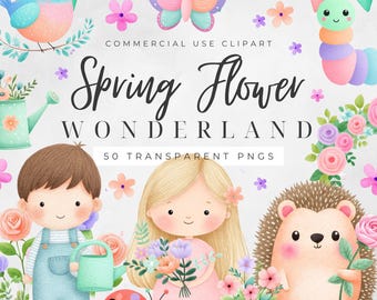 Clipart de flores de primavera / Lindos animales de primavera PNG / Clipart floral para niños / Gráficos de primavera pastel / Uso comercial