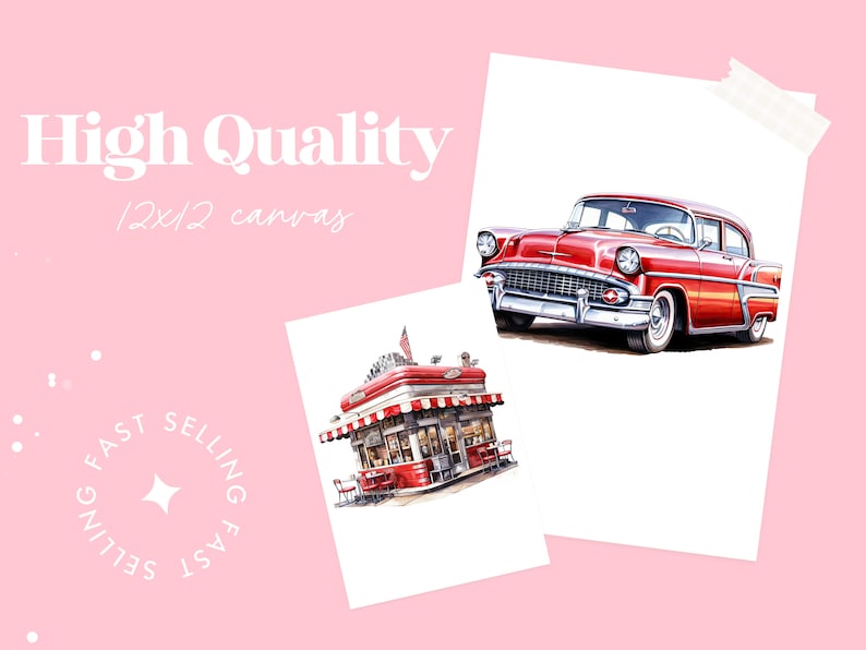 Rockabilly Retro Watercolor Clipart, Veteran cars Clipart PNG, Portrait Girl, Motor art Clipart, Paper craft Junk Journal, Scrapbooking image 2