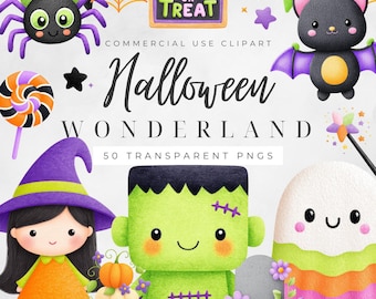 Clipart di Halloween PNG, grafica spettrale per uso commerciale, 50 adorabili illustrazioni di mostri, download digitale