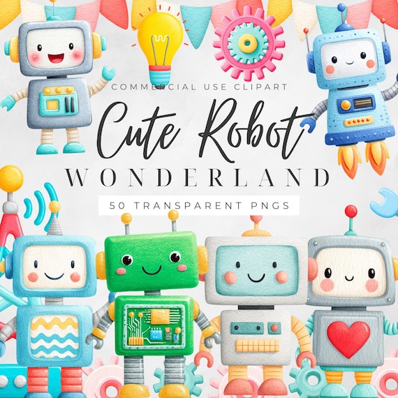 Robot Clipart PNG Bundle, Cute Robot Graphics, Kids STEM Clipart, Technology Clipart Set, Cartoon Robot Commercial Use