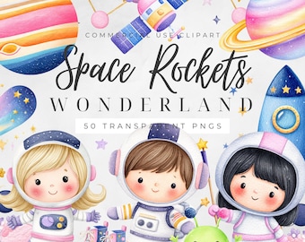 Space Rocket Clipart PNG, Astronaut Kids Clipart, Alien Clipart, Space Birthday Graphic, Planet Clipart, Cute Galaxy Clipart, Commercial Use
