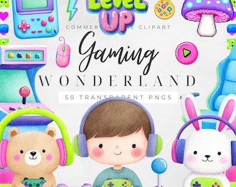 Level Up Gaming Clipart Bundle, Gamer Birthday PNG, Cute Video Game Graphics, Retro Arcade Party Decor, Kids Gaming Party Clipart Set