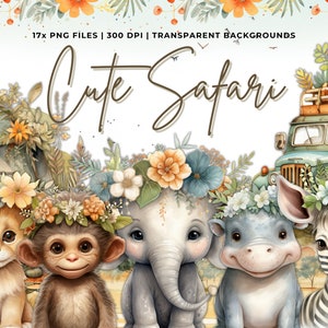 Safari Animals Clipart Watercolor, jungle safari png, baby safari animals PNG, safari clipart elephant zebra giraffe tiger lion, baby shower