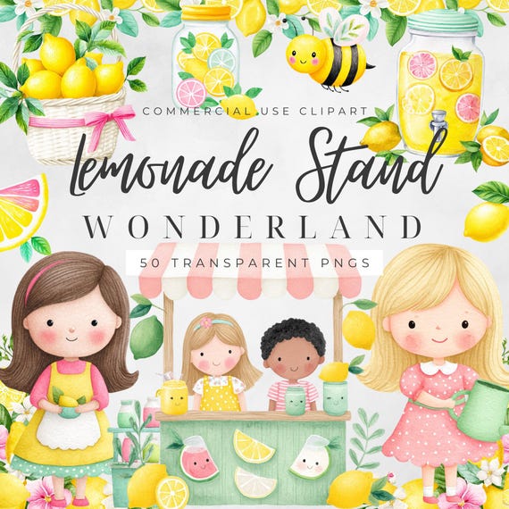 Lemonade Stand Clipart, Summer Kids Clipart, Lemon Clipart PNG, Cute Summer Graphics, Commercial Use Clipart, Scrapbook PNG