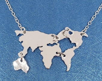 World Map Necklace - Travel Lover Silver Map Necklace w Adjustable Chain