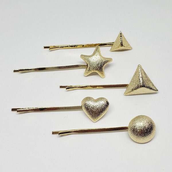 Beautiful Textured Gold Heart Star Triangle Circle Hair Clips Bobby Pins