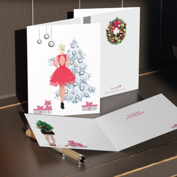 Fashion Girl Christmas Holiday Card - Fashion Greeting Winter Christmas Card with Envelope & Sticker Seals