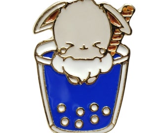 Adorable Bunny Rabbit Bubble Tea Boba Tea Milk Tea Alloy Pin - Blue White Pin