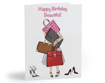 Handbag Shoes Birthday Card - Fashion Girl Birthday Card with Handbag Sticker Seal and Envelope