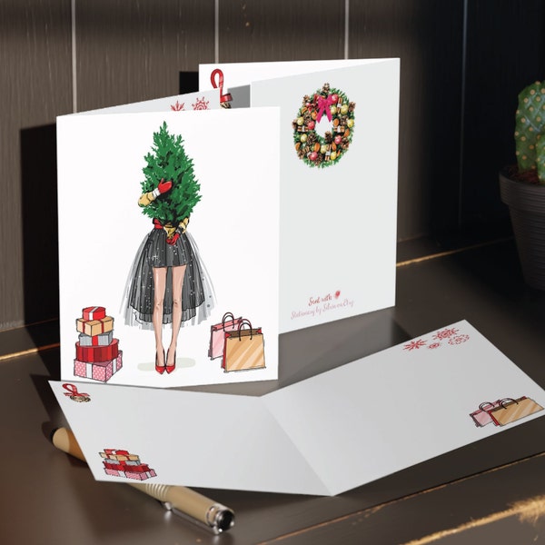 Fashion Girl Christmas Holiday Card - Fashionista Lady Greeting Christmas Tree Card with Envelope & Sticker Seal