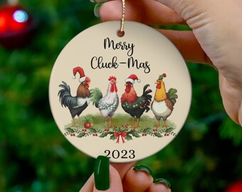 Chicken Christmas Ornament 2023, Funny Chickens, Gift for Farmer, Chicken Lover Gifts, Merry Cluckmas, Ceramic Ornament