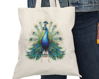 Peacock Tote Bag, Bird Lover ToteBags, Cottagecore Gifts, Library Book Bag, Reusable Grocery Shopping Bag, Natural Canvas Tote