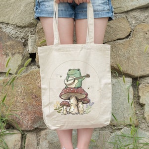 Frog On Mushroom Totebag, MILF Tote Bags, Gift for Frog Lovers, Cute Toad Book Bag, Reusable Shopping Bag, Bookshop Tote Natural Canvas