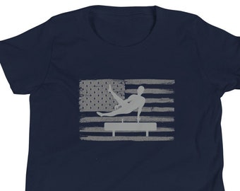 Gymnastics TShirt, Boy Gymnast Tshirt, Men's Gymnastics, Gymnast Silhouette, American Flag, Gymnastics Equipment, Youth Short Sleeve T-Shirt