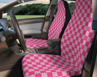 Car Seat Covers for Vehicle, Groovy Print Seat Cover,Pink Checkerboard Seat Covers, Checkered, Bizarre Car Seat Covers, Universal Fit, Set 2