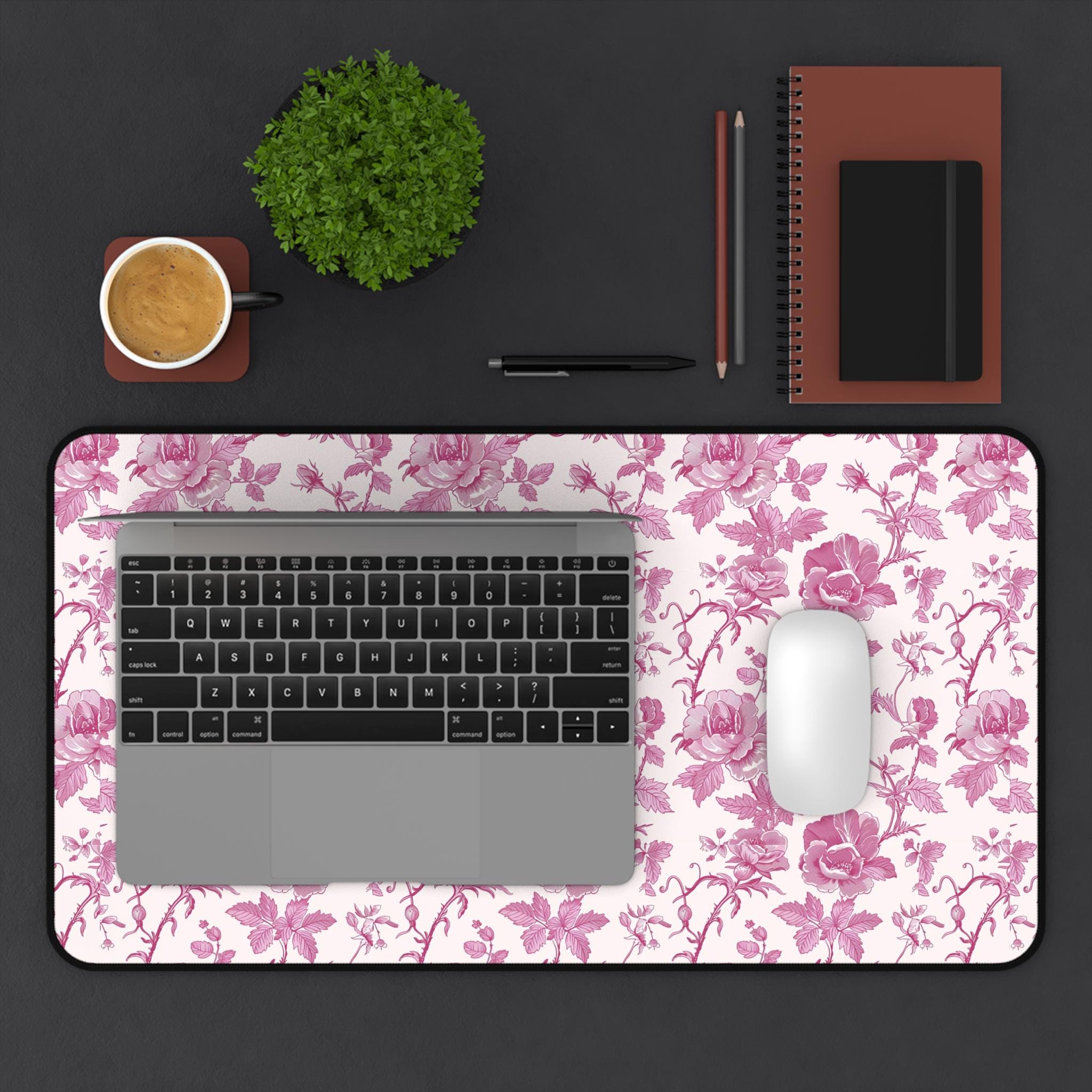 Toile Pink Floral Desk Mat, Pink Computer Desk Mats, Gaming Pad With ...