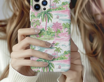 Preppy Tropical Phone Case, Island Palm Trees Pink and Green Coquette Durable Cover, Summer Vibes, Beach Lover, Gift for Her, Nature Pattern