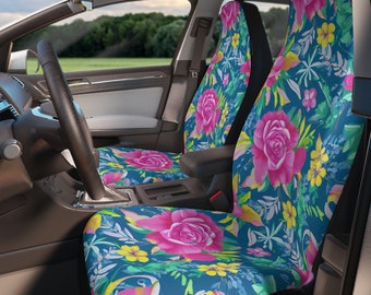 Car Seat Covers Vehicle, Tropical Flowery Seat Cover, Colorful Seat Protectors, Bizarre Car Seat Cover, Bucket Seat, Universal Fit, Set of 2