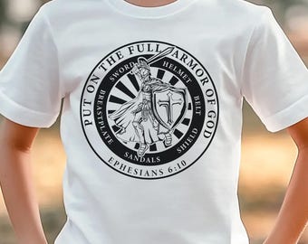 Armor of God Kids Christian Shirt, Bible Verse Youth TShirt, Inspirational Shirt for Kids, Faith-Based Gift, Back to School Boys Jesus Shirt