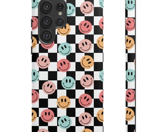 Checkered iPhone Case, Smile Face iPhone 15 phone Cover, Retro Vintage Phone Cases Cute Phone Cases, Gifts for Teen Phones, Kids Tough Cases