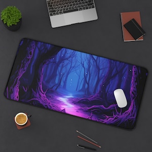May include: A purple and blue mouse pad with a dark forest scene. The scene features tall trees with branches reaching up to a starry sky. The mouse pad has a smooth surface and a stitched edge.