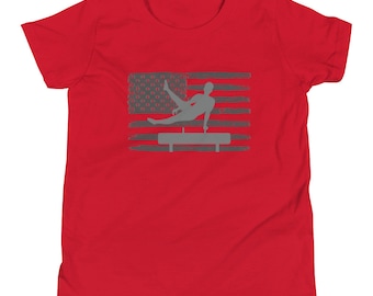 Boys Gymnastics Tshirt, Male Gymnast Tshirt, Shirt for Boy Gymnast, Pommel Horse, American Flag, Youth Short Sleeve T-Shirt